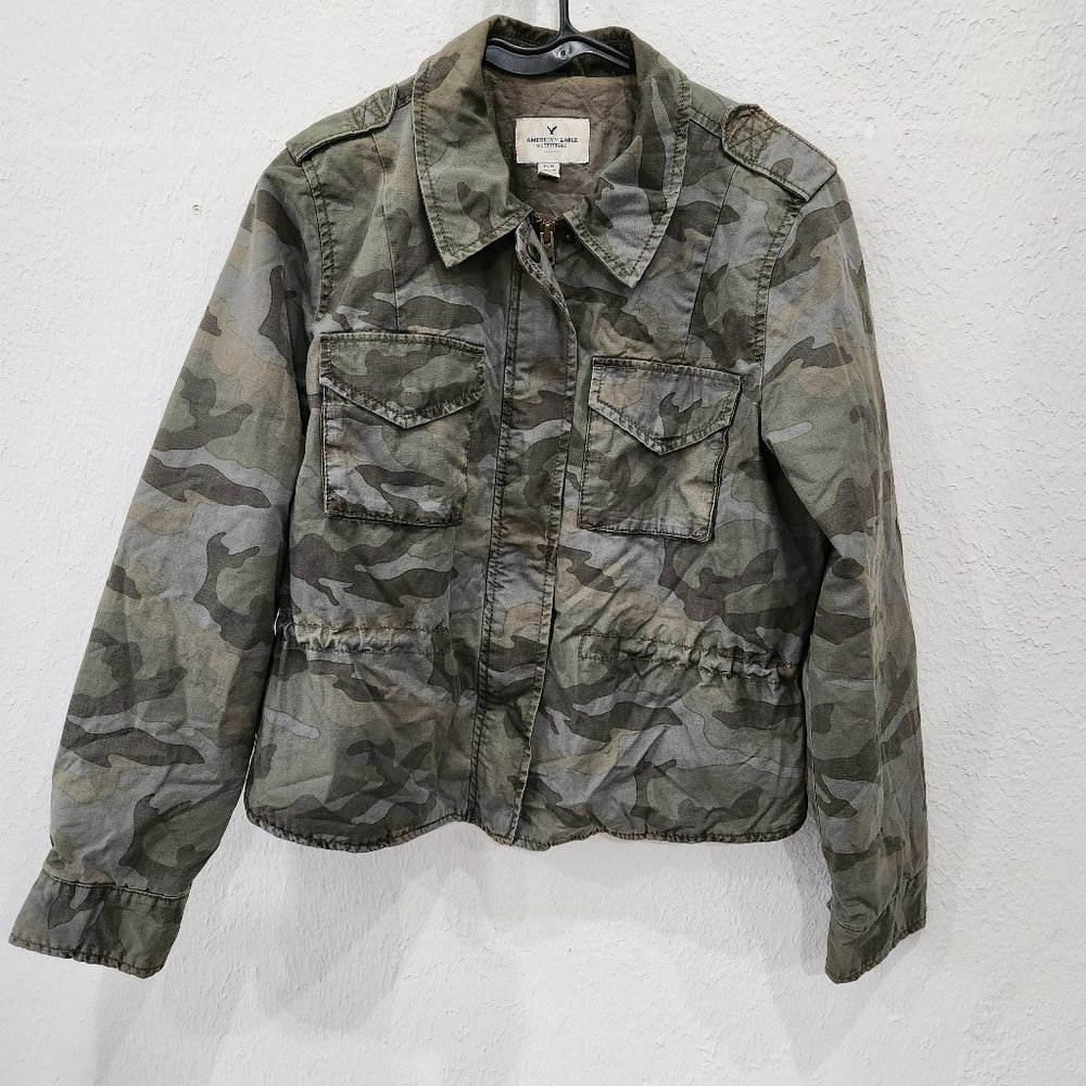 American Eagle Jacket Womens Medium Camouflage Cinch Waist Pockets Full Zip
